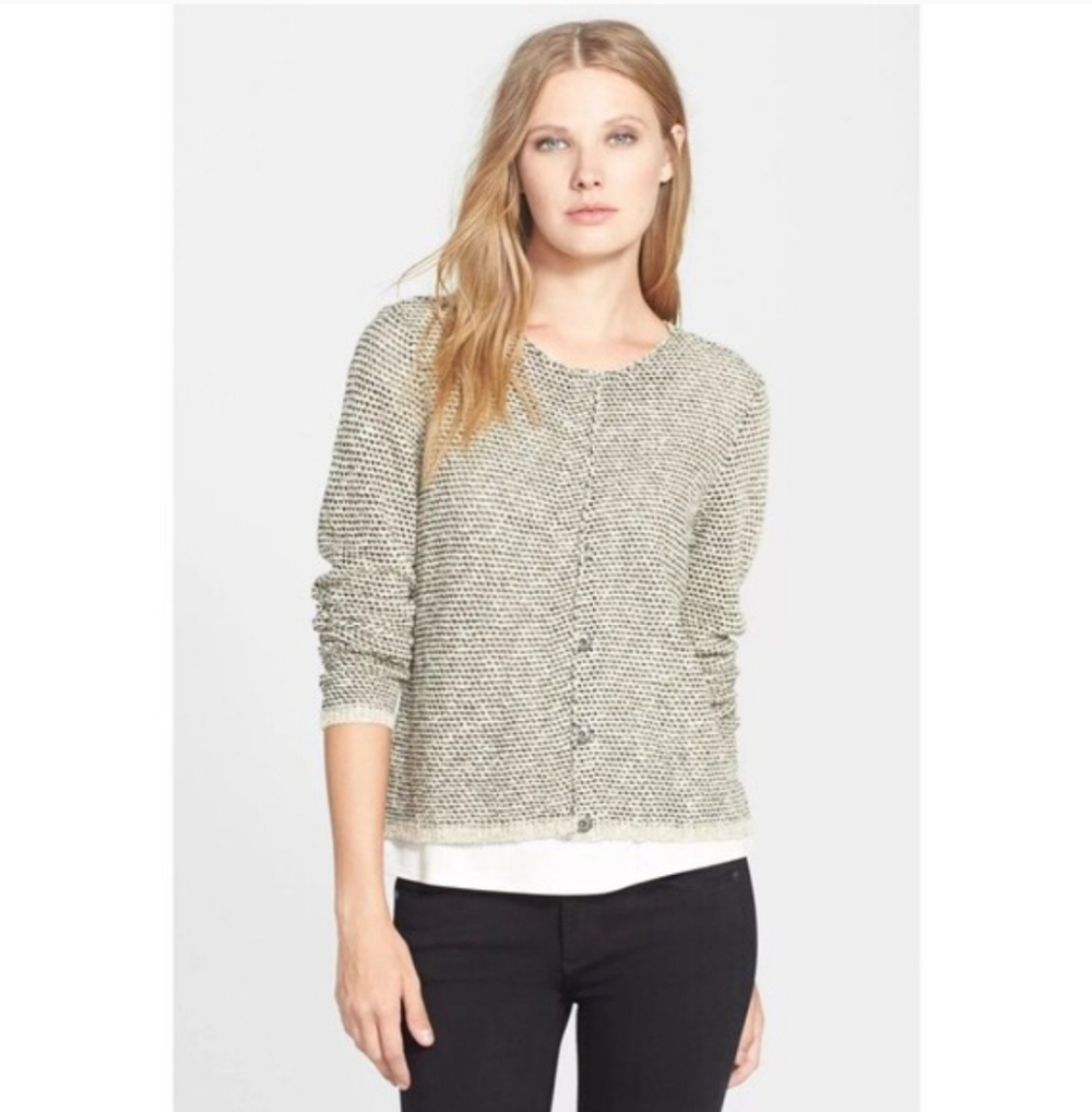 EILEEN FISHER MALIBU LINEN COTTON SNAP FRONT CARDIGAN SWEATER SIZE LARGE PETITE